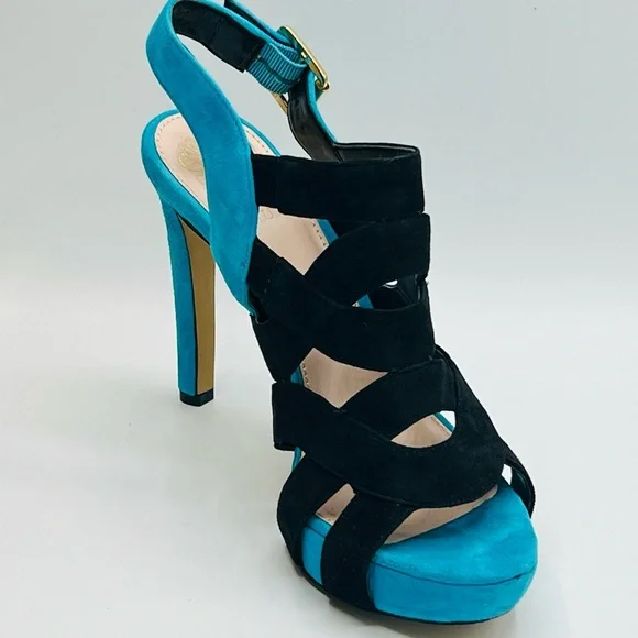VINCE CAMUTO Blk&Turquoise XCross Strappy Suede 4” Platform Heels US 7.5 EU 37.5 - Picture 6 of 7
